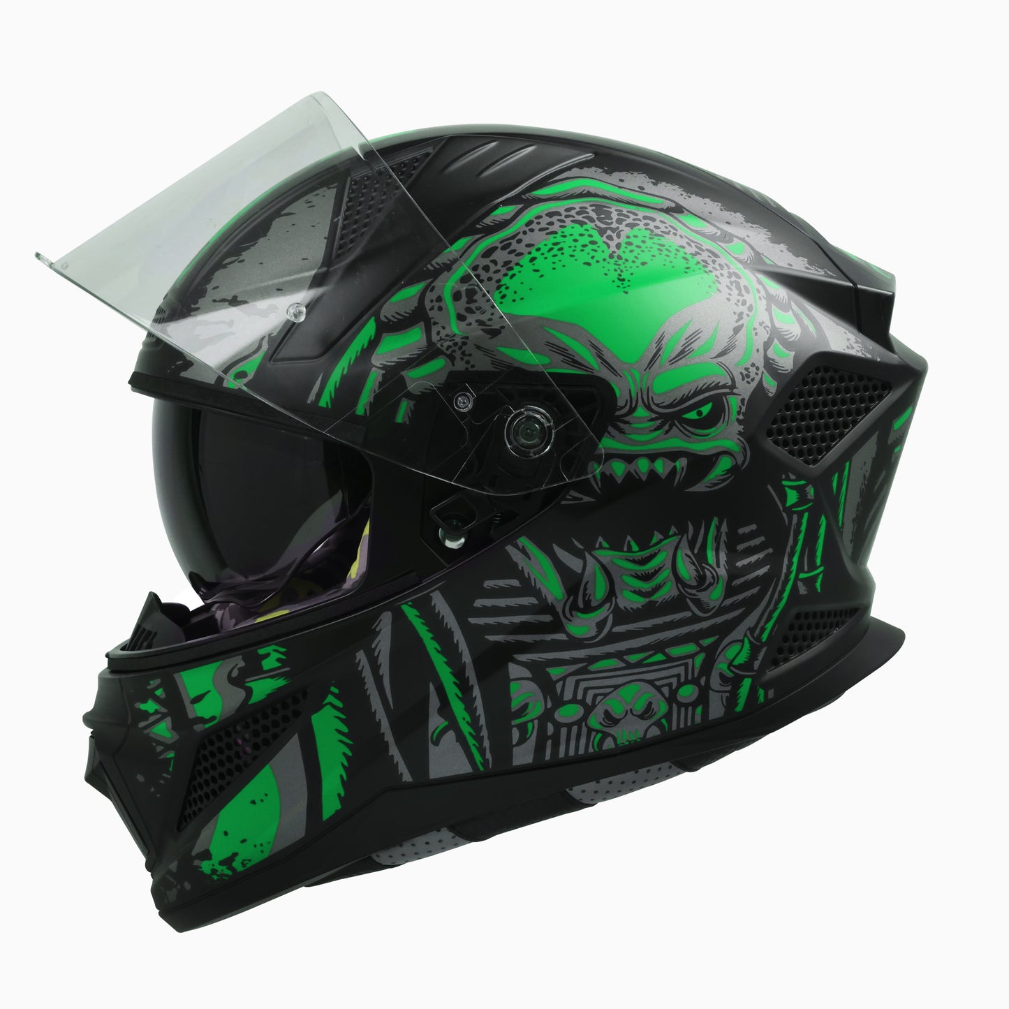 Steelbird SBH-25 Predator ISI Certified Full Face Graphic Helmet for Men and Women (Glossy Black Green with Inner Smoke Sun Shield).