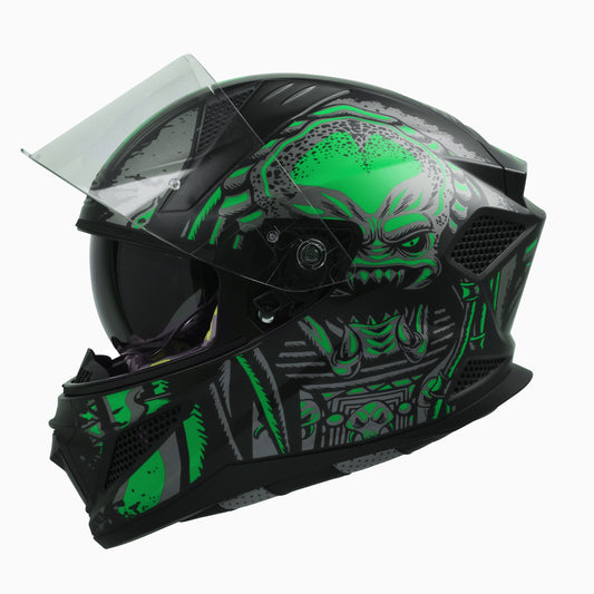 Steelbird SBH-25 Predator ISI Certified Full Face Graphic Helmet for Men and Women (Glossy Black Green with Inner Smoke Sun Shield).