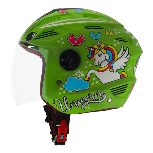 Steelbird SBA-6 Unicorn ISI Certified Open Face Graphic Helmet for Women and Kids (Matt Green with Clear Visor) Regular