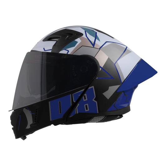 Steelbird SBA-20 08 ISI Certified Flip-Up Graphic Helmet for Men and Women with Inner Chrome Sun Shield.(Glossy Black Blue with Smoke Visor)