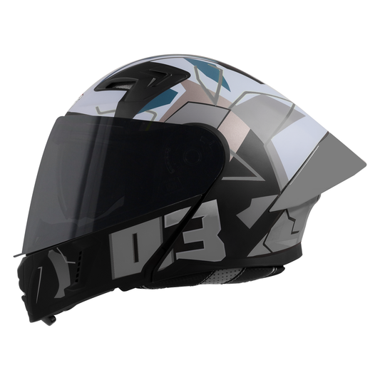 Steelbird SBA-20 03 ISI Certified Flip-Up Graphic Helmet for Men and Women with Inner Chrome Sun Shield .(Glossy Black Grey with Smoke Visor).
