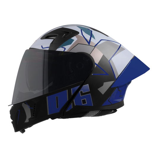 Steelbird SBA-20 06 ISI Certified Flip-Up Graphic Helmet for Men and Women with Inner Chrome Sun Shield.(Glossy Black Blue with Smoke Visor).