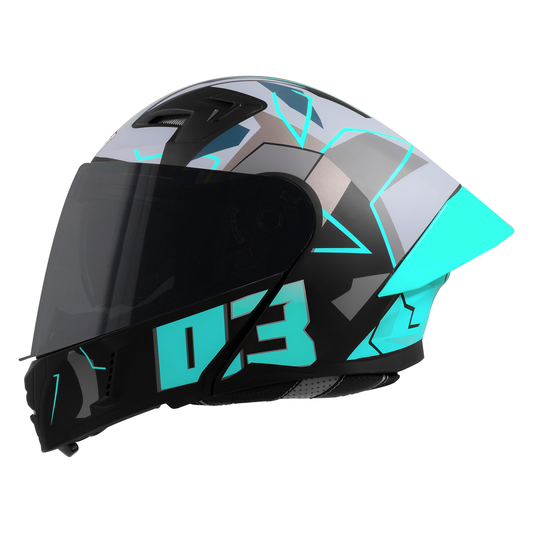 Steelbird SBA-20 03 ISI Certified Flip-Up Graphic Helmet for Men and Women with Inner Chrome Sun Shield. (Glossy Black Jazz Blue with Smoke Visor)