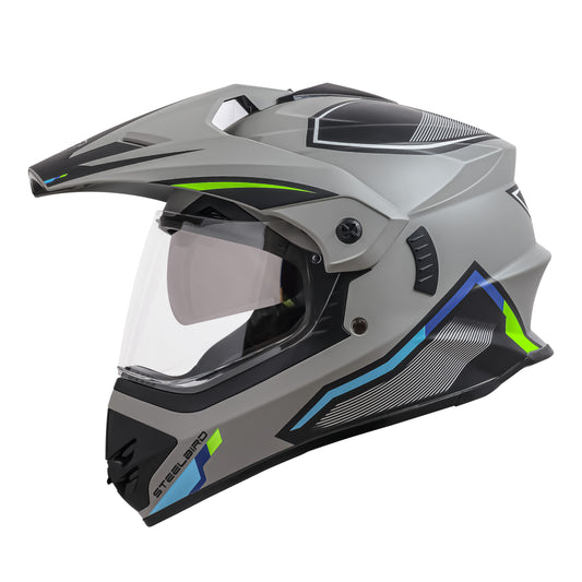 Steelbird Racer Off Road ISI Certified Motocross Double Visor Full Face Graphic Helmet Outer Clear Visor and Inner Silver Sun Shield (Glossy Grey Green)