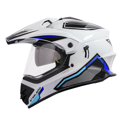 Steelbird Racer Off Road ISI Certified Motocross Double Visor Full Face Graphic Helmet Outer Clear Visor and Inner Silver Sun Shield (Glossy White Blue)