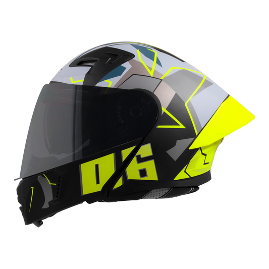 Steelbird SBA-20 06  ISI Certified Flip-Up Graphic Helmet for Men and Women with Inner Chrome Sun Shield .(Glossy Black Neon with Smoke Visor).