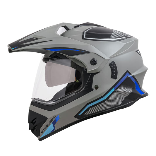 Steelbird Racer Off Road ISI Certified Motocross Double Visor Full Face Graphic Helmet Outer Clear Visor and Inner Silver Sun Shield (Glossy Grey Grey)