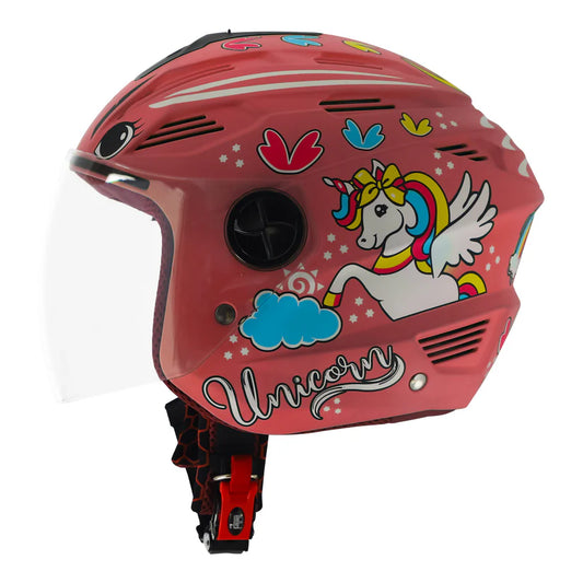 Steelbird SBA-6 Unicorn ISI Certified Open Face Graphic Helmet for Women and Kids (Matt Pink with Clear Visor) Regular
