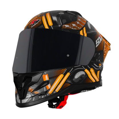 Steelbird SBH-61 SXE X2 Pinlock ISI and Dot Certified Full Face Helmet for Men and with Inner Silver Sunshield (Glossy Black Golden with Smoke Visor).