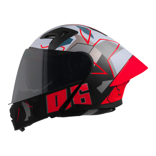 Steelbird SBA-20 06 ISI Certified Flip-Up Graphic Helmet for Men and Women with Inner Chrome Sun Shield .(Glossy Black Red with Smoke Visor).