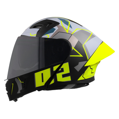 Steelbird SBA-20 02  ISI Certified Flip-Up Graphic Helmet for Men and Women with Inner Chrome Sun Shield .(Glossy Black Neon with Smoke Visor).