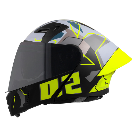 Steelbird SBA-20 02  ISI Certified Flip-Up Graphic Helmet for Men and Women with Inner Chrome Sun Shield .(Glossy Black Neon with Smoke Visor).
