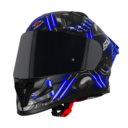 Steelbird SBH-61 SXE X2 Pinlock ISI and Dot Certified Full Face Helmet for Men and with Inner Silver Sunshield (Glossy Black Blue with Smoke Visor)