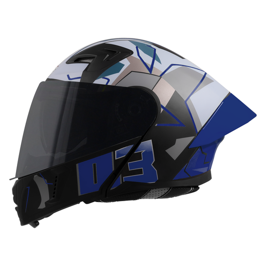 Steelbird SBA-20 03 ISI Certified Flip-Up Graphic Helmet for Men and Women with Inner Chrome Sun Shield.(Glossy Black Blue with Smoke Visor).