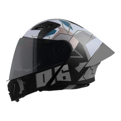 Steelbird SBA-20 06 ISI Certified Flip-Up Graphic Helmet for Men and Women with Inner Chrome Sun Shield .(Glossy Black Grey with Smoke Visor).