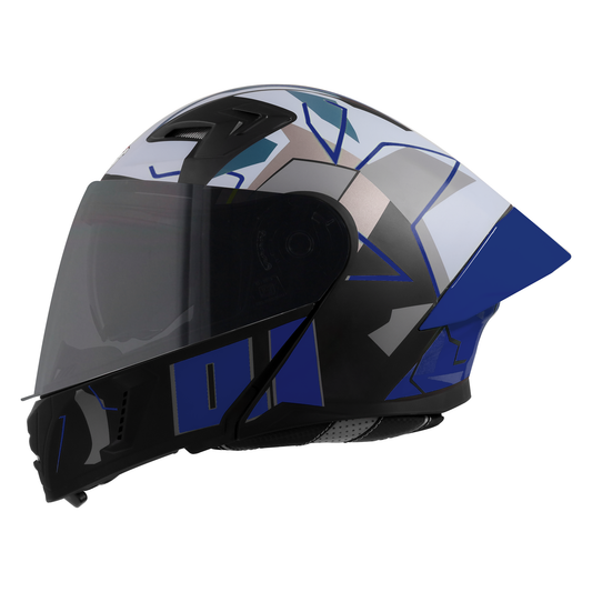 Steelbird SBA-20 01 ISI Certified Flip-Up Graphic Helmet for Men and Women with Inner Chrome Sun Shield.(Glossy Black Blue with Smoke Visor).