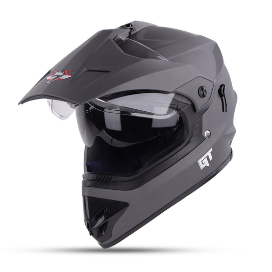 Steelbird GT Off Road ISI Certified Motocross Double Visor Full Face Helmet Outer Clear Visor and Inner Smoke Sun Shield.(Matt Axis Grey)