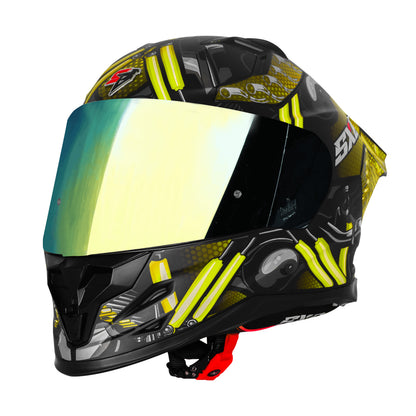 Steelbird SBH 61 SXE X2 ISI and Dot Certified Full Face Helmet for Men and with Inner Silver Sunshield (Glossy Black Neon)