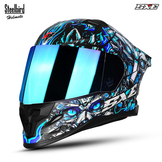 Steelbird SBH-61 SXE X1 ISI and Dot Certified Full Face Helmet for Men with Inner Silver Sunshield .Clear Visor With Extra Chrome.