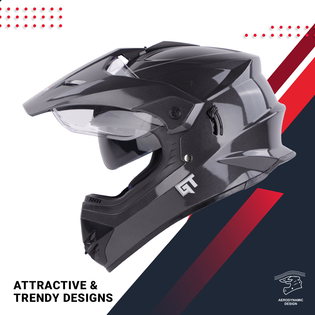 Steelbird GT Off Road ISI Certified Motocross Double Visor Full Face Helmet Outer Clear Visor and Inner Smoke Sun Shield.(Glossy Axis Grey)