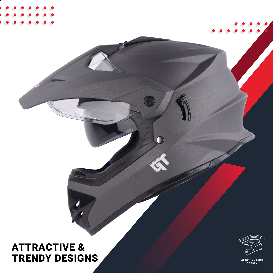 Steelbird GT Off Road ISI Certified Motocross Double Visor Full Face Helmet Outer Clear Visor and Inner Smoke Sun Shield.(Matt Axis Grey)
