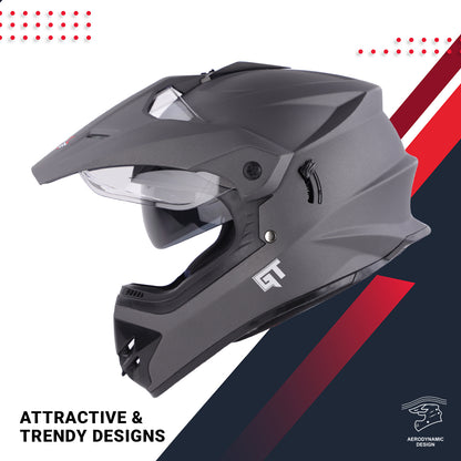 Steelbird GT Off Road ISI Certified Motocross Double Visor Full Face Helmet Outer Clear Visor and Inner Smoke Sun Shield.(Matt Axis Grey)