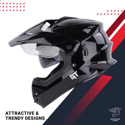 Steelbird GT Off Road ISI Certified Motocross Double Visor Full Face Helmet Outer Clear Visor and Inner Smoke Sun Shield.(Glossy Black)