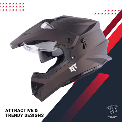 Steelbird GT Off Road ISI Certified Motocross Double Visor Full Face Helmet Outer Clear Visor and Inner Smoke Sun Shield(Matt Royal Brown)`