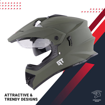 Steelbird GT Off Road ISI Certified Motocross Double Visor Full Face Helmet Outer Clear Visor and Inner Smoke Sun Shield.Matt Battle Green