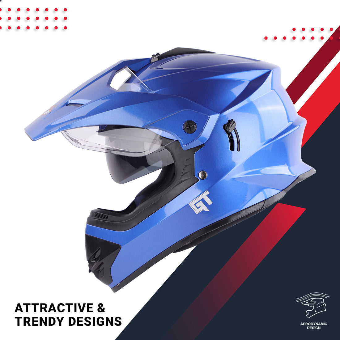 Steelbird GT Off Road ISI Certified Motocross Double Visor Full Face Helmet Outer Clear Visor and Inner Smoke Sun Shield.(Glossy Y. Blue)