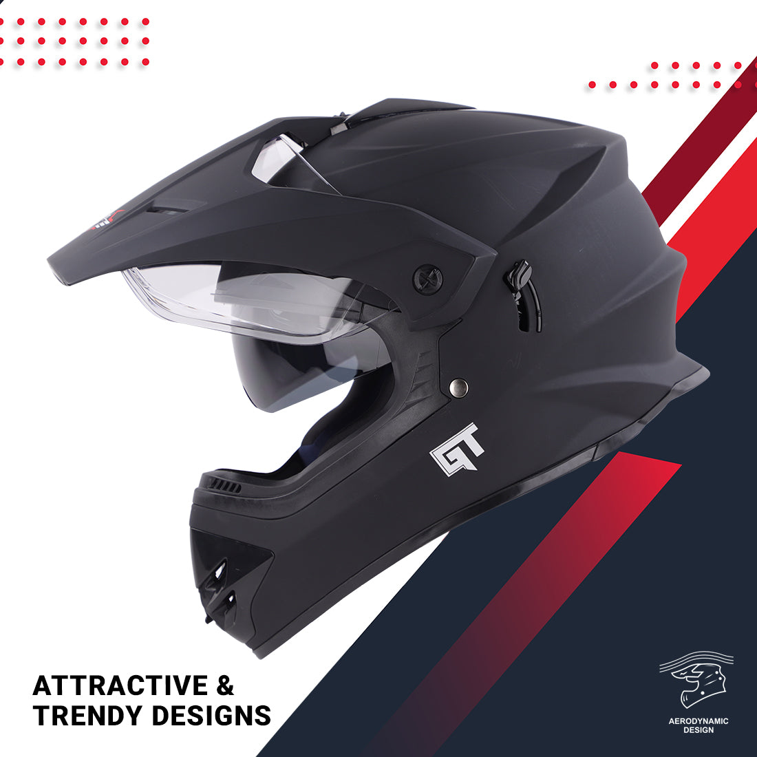 Steelbird GT Off Road ISI Certified Motocross Double Visor Full Face Helmet Outer Clear Visor and Inner Smoke Sun Shield.(Matt Black)