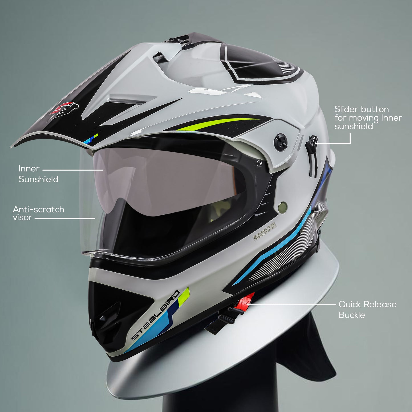 Steelbird Racer Off Road ISI Certified Motocross Double Visor Full Face Graphic Helmet Outer Clear Visor and Inner Silver Sun Shield (Glossy White Neon)