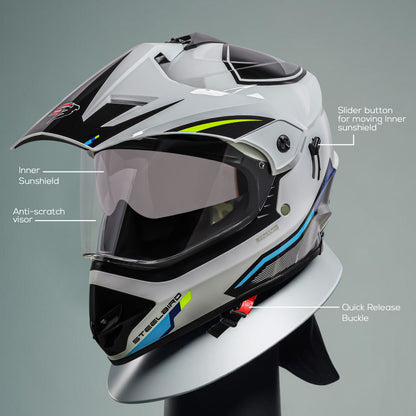 Steelbird Racer Off Road ISI Certified Motocross Double Visor Full Face Graphic Helmet Outer Clear Visor and Inner Silver Sun Shield (Glossy White Neon)
