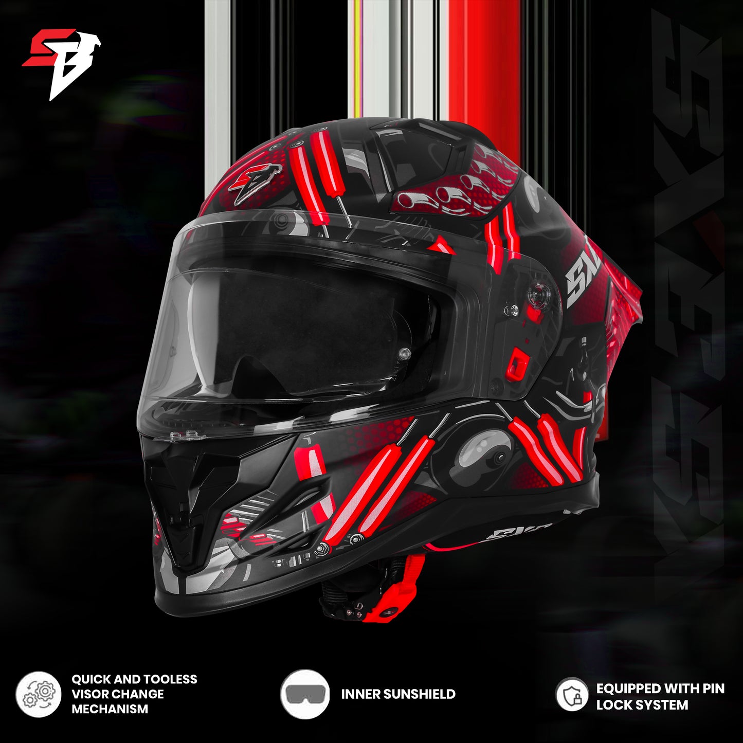 Steelbird SBH-61 SXE X2 Pinlock ISI and Dot Certified Full Face Helmet for Men and with Inner Silver Sunshield (Glossy Black Red with Anti fog Shield)