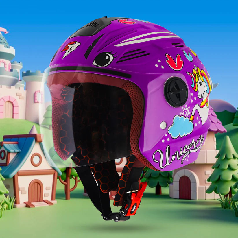 Steelbird SBA-6 Unicorn ISI Certified Open Face Graphic Helmet for Women and Kids (Matt Voilet with Clear Visor) Regular