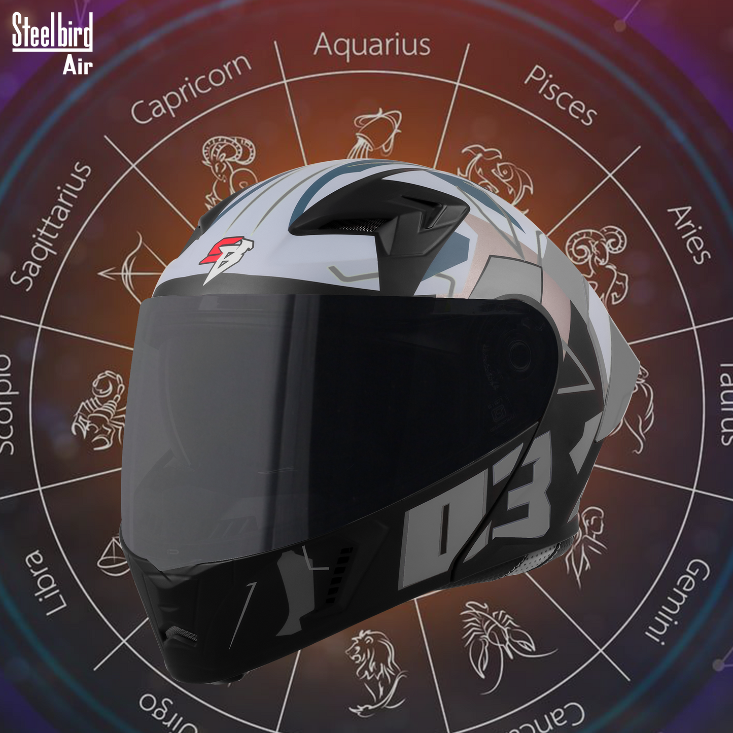 Steelbird SBA-20 03 ISI Certified Flip-Up Graphic Helmet for Men and Women with Inner Chrome Sun Shield .(Glossy Black Grey with Smoke Visor).