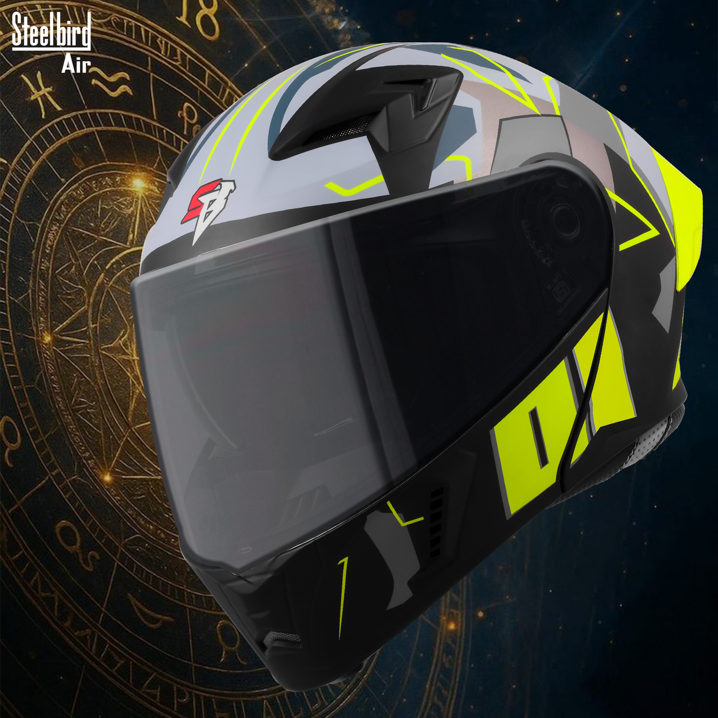 Steelbird SBA-20 01  ISI Certified Flip-Up Graphic Helmet for Men and Women with Inner Chrome Sun Shield .(Glossy Black Neon with Smoke Visor)