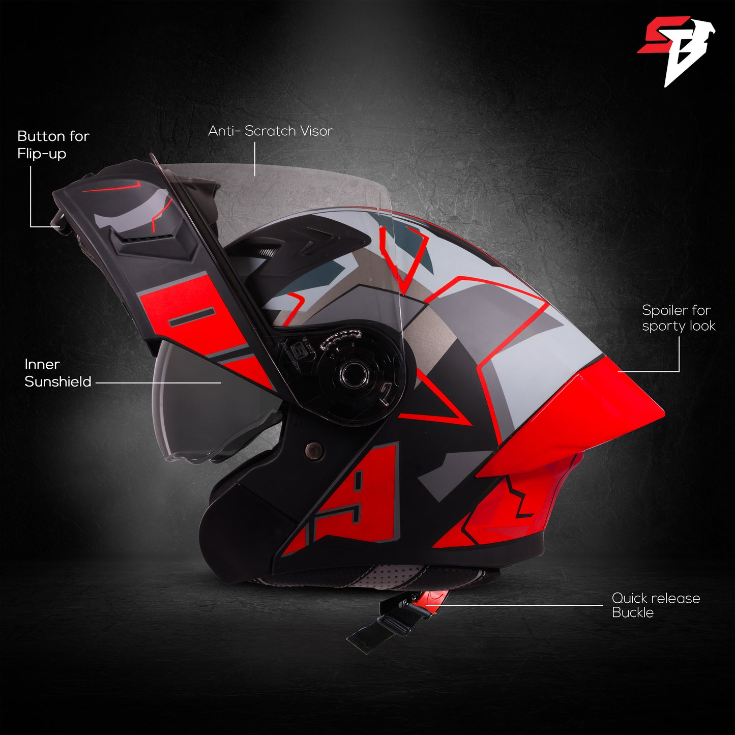 Steelbird SBA-20 02 ISI Certified Flip-Up Graphic Helmet for Men and Women with Inner Chrome Sun Shield .(Glossy Black Red with Smoke Visor)