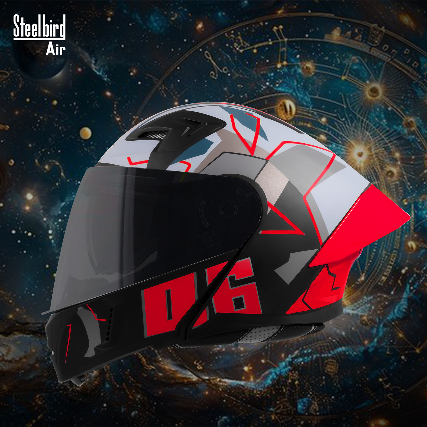 Steelbird SBA-20 06 ISI Certified Flip-Up Graphic Helmet for Men and Women with Inner Chrome Sun Shield .(Glossy Black Red with Smoke Visor).