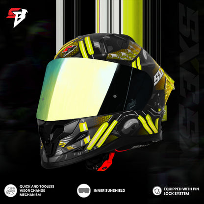 Steelbird SBH 61 SXE X2 ISI and Dot Certified Full Face Helmet for Men and with Inner Silver Sunshield (Glossy Black Neon)