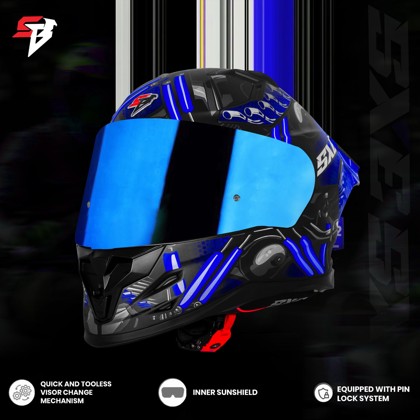 Steelbird SBH 61 SXE X2 ISI and Dot Certified Full Face Helmet for Men and with Inner Silver Sunshield (Glossy Black Blue)