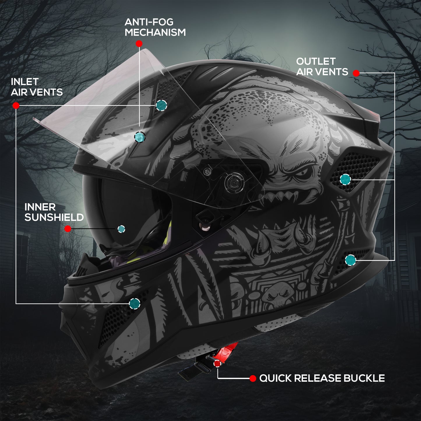 Steelbird SBH-25 Predator ISI Certified Full Face Graphic Helmet for Men and Women (Glossy Black Grey with Inner Smoke Sun Shield)