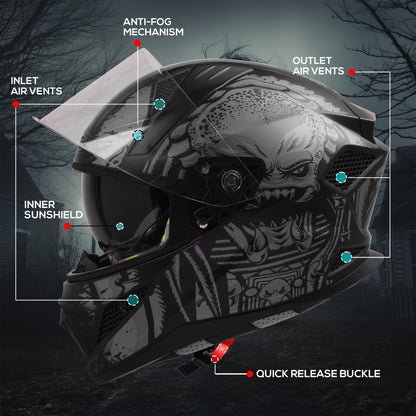 Steelbird SBH-25 Predator ISI Certified Full Face Graphic Helmet for Men and Women (Glossy Black Grey with Inner Smoke Sun Shield)