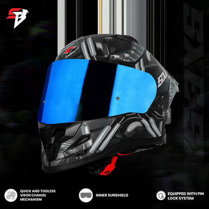 Steelbird SBH 61 SXE X2 ISI and Dot Certified Full Face Helmet for Men and with Inner Silver Sunshield (Glossy Black Grey)