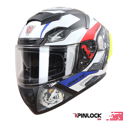 Ignyte IGN-4 Machine ISI/DOT Certified Full Face Graphic Helmet with Outer Anti-Fog Clear Visor and Inner Smoke Sun Shield (Glossy White Blue)