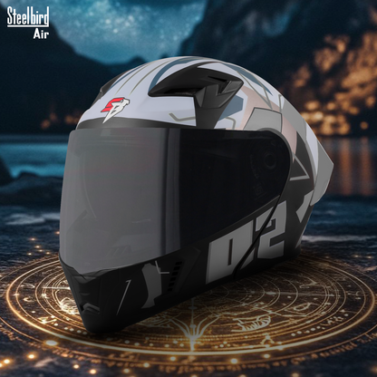 Steelbird SBA-20 02 ISI Certified Flip-Up Graphic Helmet for Men and Women with Inner Chrome Sun Shield .(Glossy Black Grey with Smoke Visor)