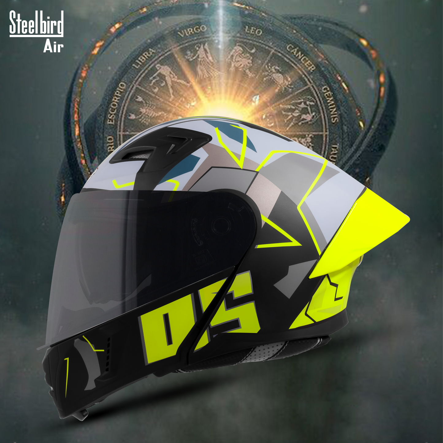 Steelbird SBA-20 05  ISI Certified Flip-Up Graphic Helmet for Men and Women with Inner Chrome Sun Shield .(Glossy Black Neon with Smoke Visor).
