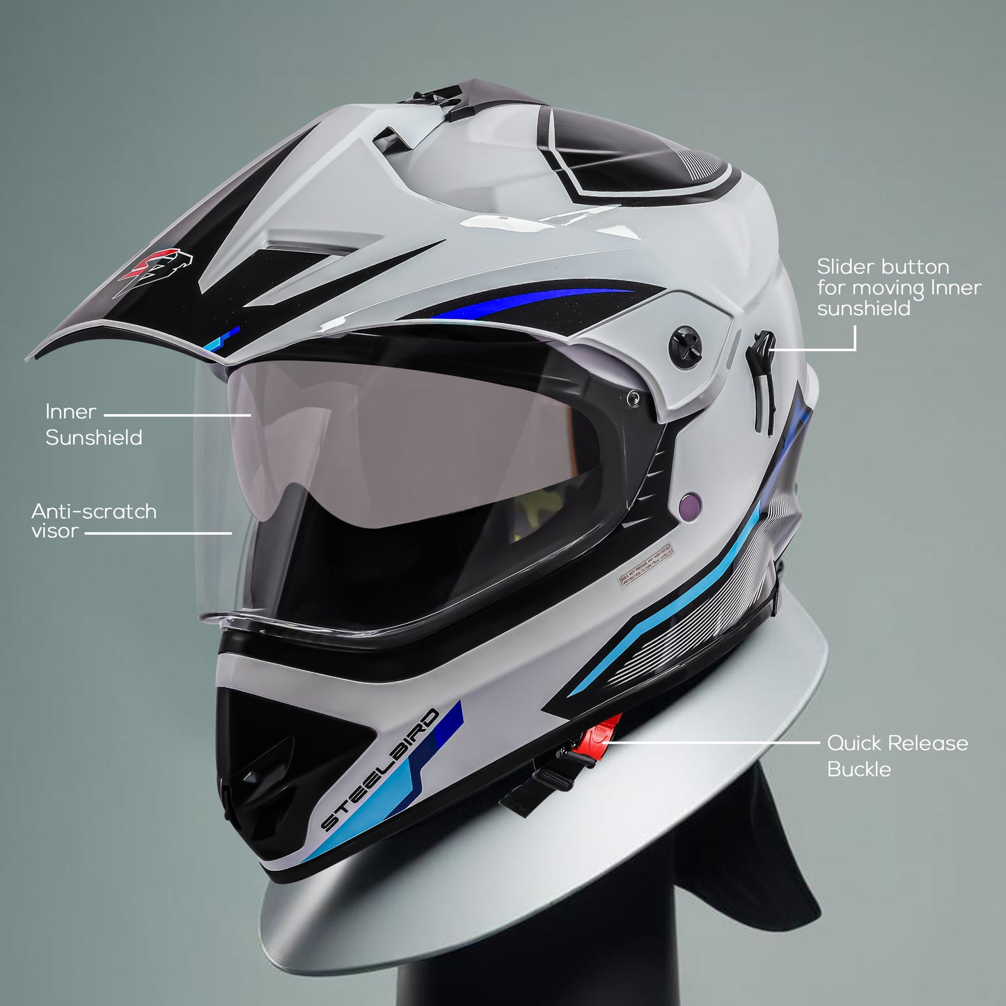 Steelbird Racer Off Road ISI Certified Motocross Double Visor Full Face Graphic Helmet Outer Clear Visor and Inner Silver Sun Shield (Glossy White Blue)