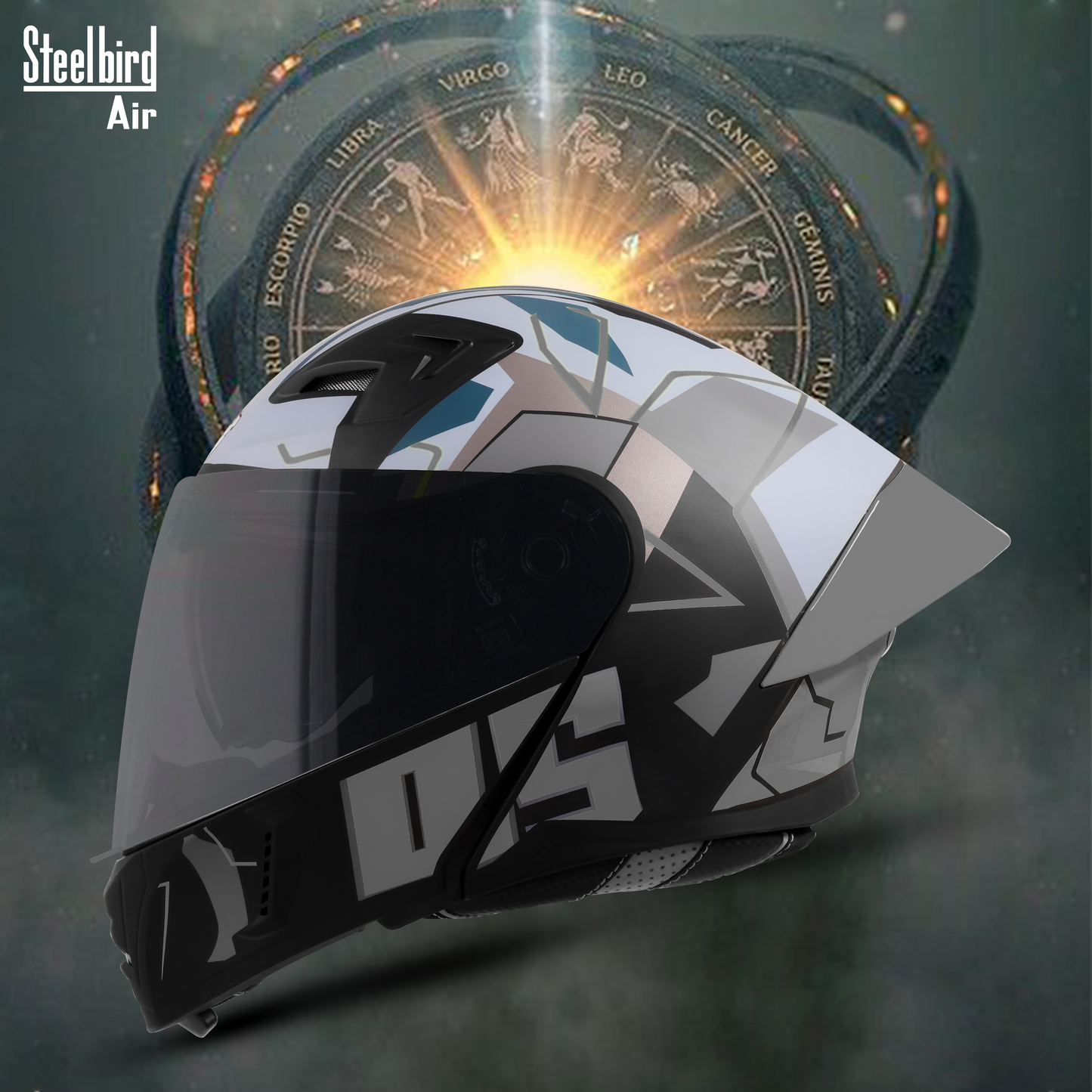 Steelbird SBA-20 05 ISI Certified Flip-Up Graphic Helmet for Men and Women with Inner Chrome Sun Shield .(Glossy Black Grey with Smoke Visor).