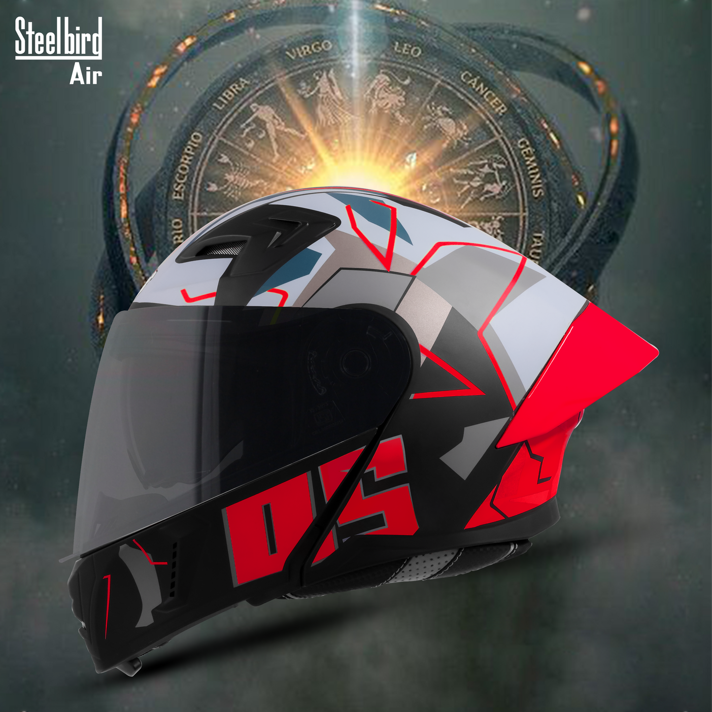 Steelbird SBA-20 05 ISI Certified Flip-Up Graphic Helmet for Men and Women with Inner Chrome Sun Shield .(Glossy Black Red with Smoke Visor).